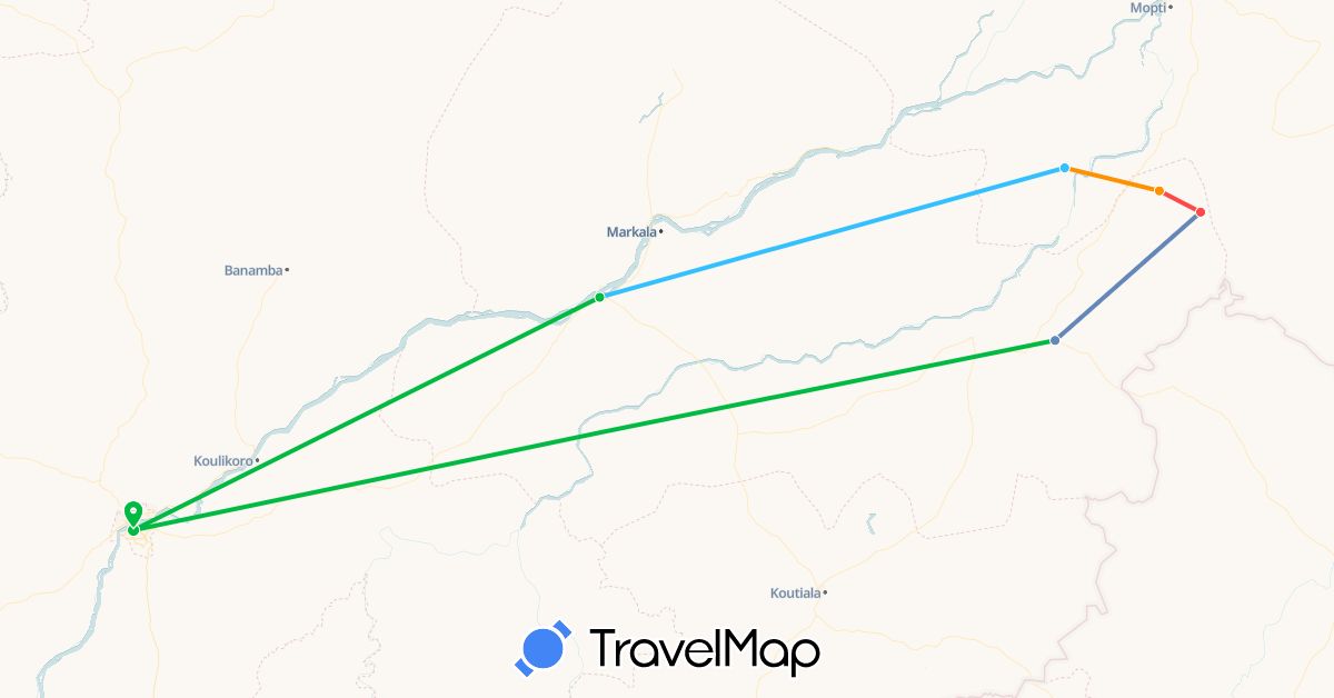TravelMap itinerary: driving, bus, cycling, hiking, boat, hitchhiking in Mali (Africa)